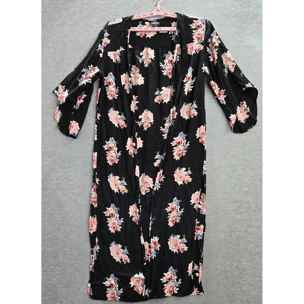 Angie Women Sweater L Black Floral‎ Duster Kimono 3/4 Sleeve Open Front